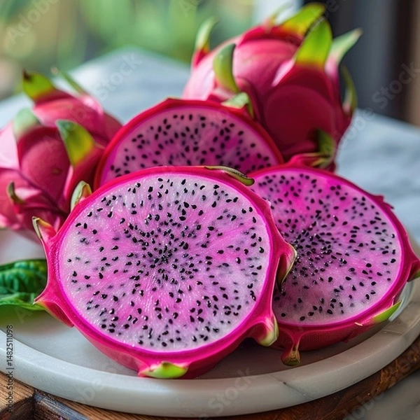 Obraz Close-up of sliced dragon fruit on a marble platter, showcasing its vivid magenta and white contrast with black seeds.