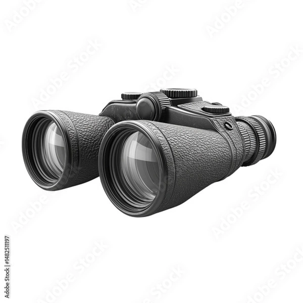 Fototapeta Black optical binocular isolated on white background. Professional equipment for observation, hunting, astronomy. Long range viewing tool.