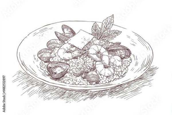 Obraz Seafood Risotto Sketch Artistic Culinary Delight with Mussels, Shrimp, Basil, and Plate.