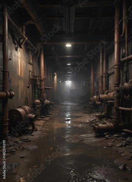 Fototapeta Dark, damp cellar with exposed pipes & rusted machinery,  neglected,  old