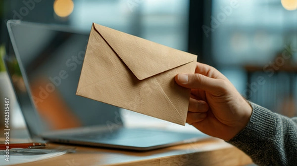 Fototapeta Hand holding mail envelope near laptop for business communication and postal service concept image design 