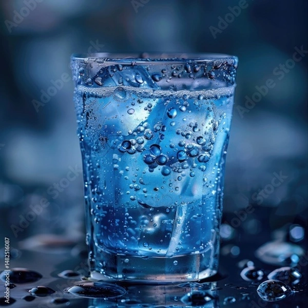 Obraz Close-up shot of a glass filled with blue sports drink over ice cubes, droplets of condensation on the glass, sitting on a granite surface.