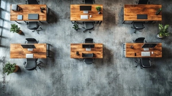 Obraz Modern Office Workspace with Wooden Desks and Minimalist Decor