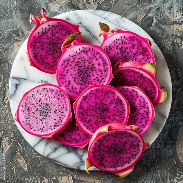 Obraz Close-up of sliced dragon fruit on a marble platter, showcasing its vivid magenta and white contrast with black seeds.