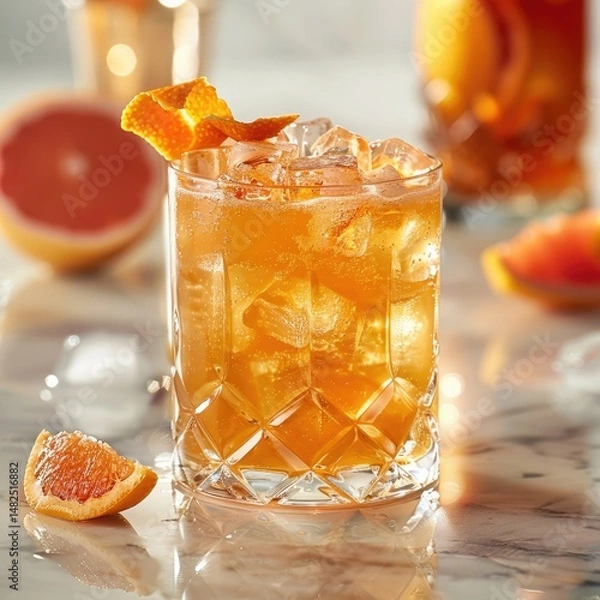 Obraz Cold glass of freshly squeezed grapefruit juice with ice cubes, garnished with an orange peel twist, placed on a chilled marble surface.
