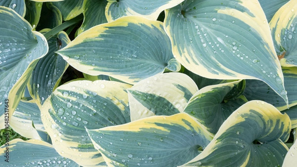 Obraz Close-up view, background, of blue ivory Hosta (Plantain Lily) plants after a rain.