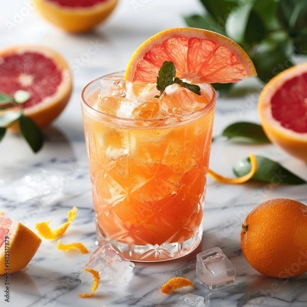 Obraz Cold glass of freshly squeezed grapefruit juice with ice cubes, garnished with an orange peel twist, placed on a chilled marble surface.