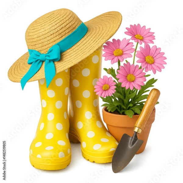 Fototapeta Spring Gardening Essentials with Polka Dot Boots and Pink Daisy Isolated on Transparent Background
