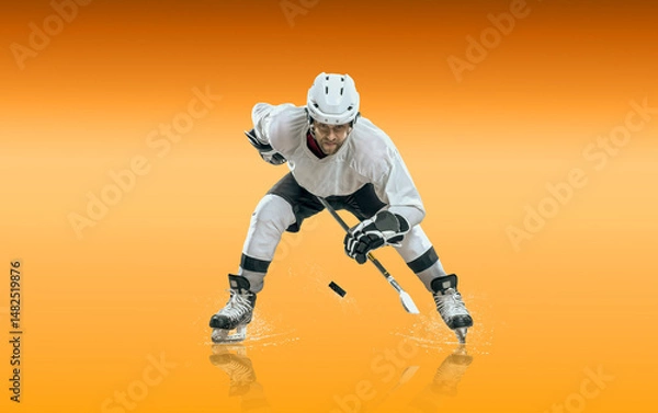 Obraz Ice Hockey Players in Action Under Neon Lights. Dynamic pose and intense atmosphere highlight the energy of the sport. Competition, teamwork, modern sports aesthetics..