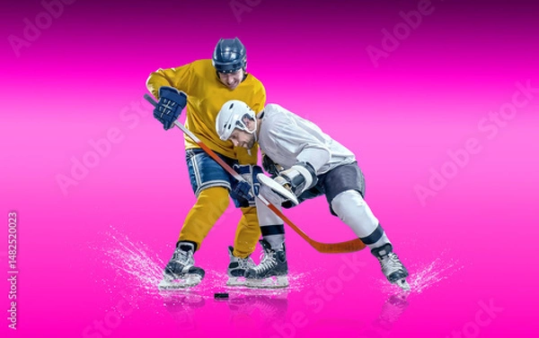 Obraz Ice Hockey Players in Action Under Neon Lights. Dynamic pose and intense atmosphere highlight the energy of the sport. Competition, teamwork, modern sports aesthetics..