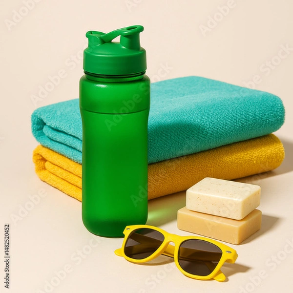 Obraz Green Water Bottle with Summer Essentials in Studio Setup for Product Marketing