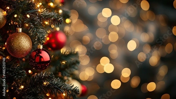 Fototapeta A festive Christmas tree decorated in gold and red with bokeh lights for a New Year celebration. 