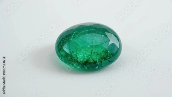 Fototapeta Close-Up View of a Beautiful Faceted Emerald Gemstone with Smooth Oval Shape and Rich Green Color