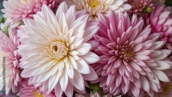 Fototapeta Close-Up View of Beautiful Pink and White Dahlia Flowers Blooming in a Lush Garden Setting