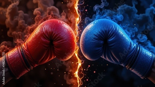 Fototapeta Close Up View of Red and Blue Boxing Gloves Clashing with Flames and Smoke in Intense Duel
