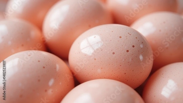 Fototapeta Closeup of Fresh Organic Eggs with Smooth Shells in Soft Peach Color on a Kitchen Table