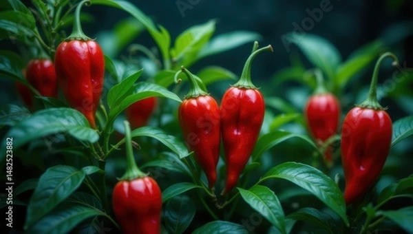 Fototapeta Closeup of Vibrant Red Peppers Growing Organically in a Lush Green Garden Environment