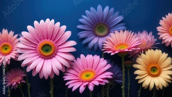 Fototapeta Colorful Arrangement of Gerbera Flowers Against a Deep Blue Background in Nature Scene