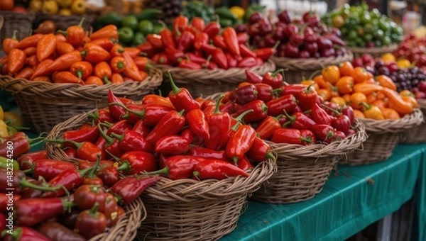 Fototapeta Colorful Arrangement of Fresh Peppers in Baskets at a Vibrant Open-Air Market