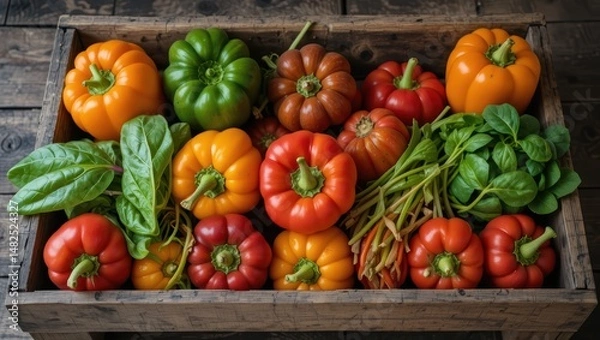 Fototapeta Colorful Assortment of Fresh Bell Peppers and Tomatoes with Leafy Greens in a Rustic Wooden Basket
