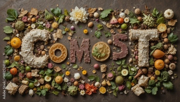 Fototapeta Colorful Arrangement of Natural Elements Forming the Word Compost on a Rustic Background