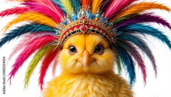 Fototapeta Colorful Chick with Feathered Headpiece Displaying Vibrant Expression in Playful Portrait