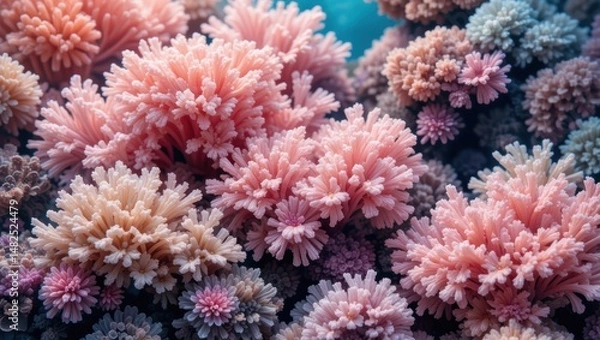 Fototapeta Colorful Coral Reef Ecosystem Underwater in Vibrant Shades of Pink and Soft Pastels