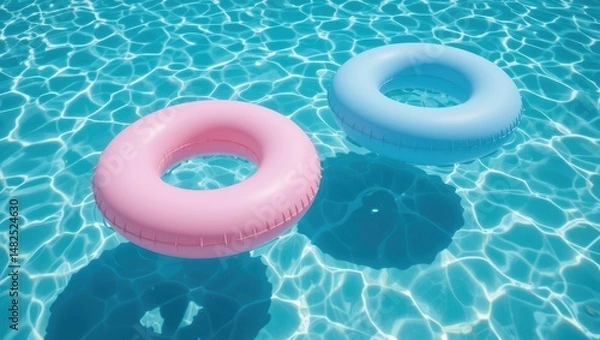 Fototapeta Colorful Pink and Blue Inflatable Floaties Swimming in a Clear Pool Under Bright Sunlight