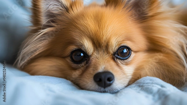 Fototapeta Close up of a fluffy long-haired Chihuahua dog lying on a blanket. Adorable puppy with expressive eyes looking at the camera