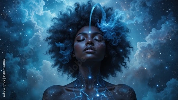 Fototapeta Cosmic Portrait of a Serene Woman Surrounded by Stars and Ethereal Clouds in a Mystical Night Sky