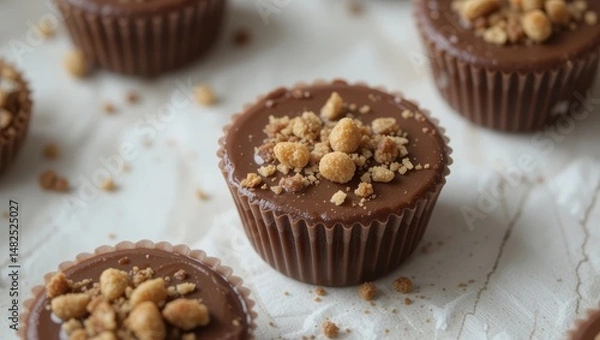 Fototapeta Decadent Chocolate Cups Topped With Crushed Peanuts On A Rustic Wooden Surface