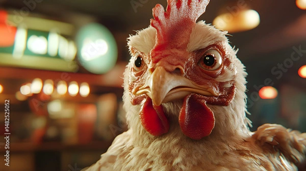 Fototapeta Intense chicken portrait in a blurred restaurant setting