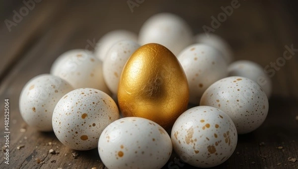Fototapeta Decorative Arrangement of White Eggs Surrounding a Shiny Golden Egg on a Rustic Wooden Surface