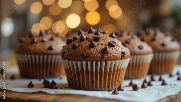 Fototapeta Delicious Chocolate Cupcakes with Chocolate Chips Decorated on a Rustic Table with Warm Lights