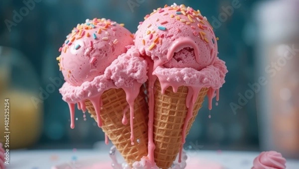 Fototapeta Delicious Pink Ice Cream With Sprinkles Dripping From Two Cones On A Plate