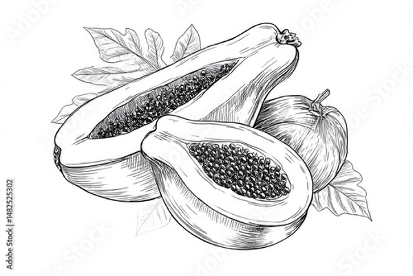 Obraz Papaya Sketch Exotic Fruit with HandDrawn, Tropical, and Monochrome.