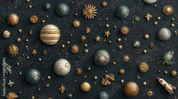 Obraz Seamless Flat Lay Pattern of Space Science Objects on Dark Background