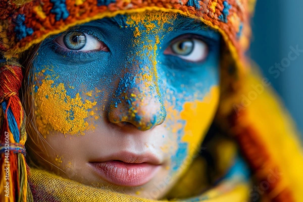 Fototapeta Close-up of a person with bright blue and yellow face paint, wearing a colorful knitted hat and scarf, creating a vibrant and artistic look.