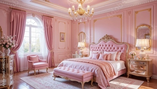 Fototapeta Elegant Pink Bedroom with Luxurious Decor and Chandelier Under Soft Natural Light