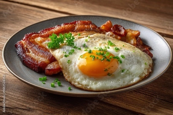 Fototapeta Crispy Bacon and Sunny-Side Up Egg Breakfast: Rustic Charm