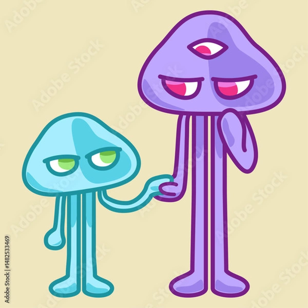 Obraz 見つめながら水色の子ども宇宙人と手をつなぐ紫色の宇宙人／A purple alien holds hands with a light blue child alien while gazing at him