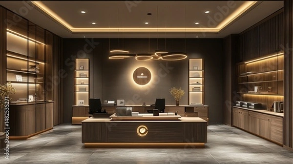 Obraz Modern Reception Area with Wooden Decor and Ambient Lighting Design