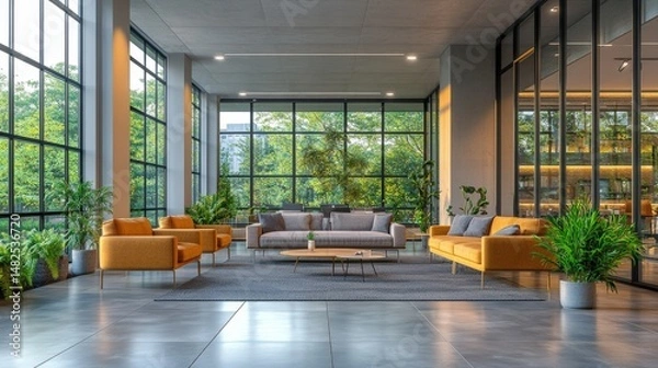 Obraz Modern Living Room with Large Windows and Stylish Furniture