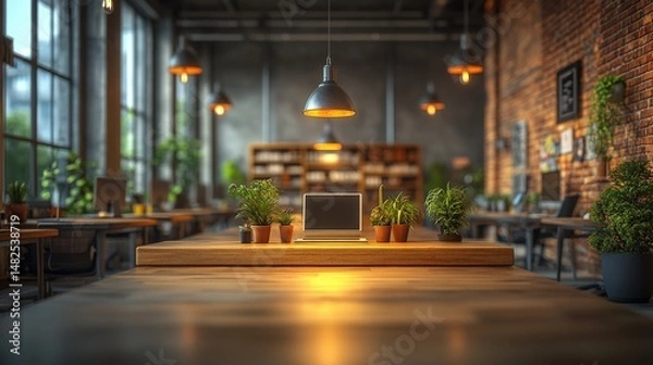 Obraz Modern Office Interior with Laptop and Plants in Cozy Atmosphere