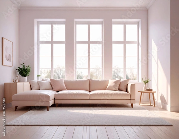 Fototapeta The view of the living room with the sunshine and bright colored sofa coming through the large window.
