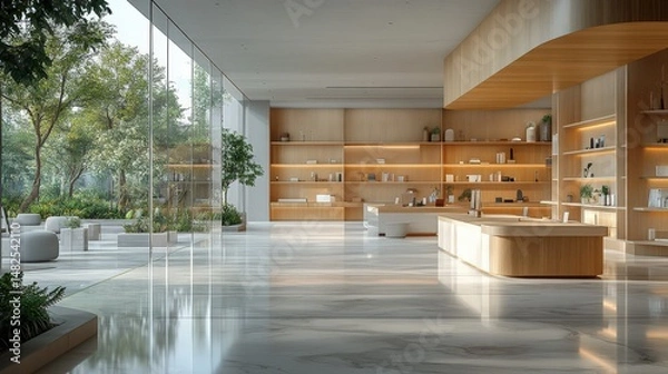 Obraz Modern Reception Area with Natural Light and Elegant Wood Accents