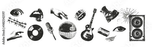 Obraz  Trendy photocopy monochrome stipple elements set. Speaker, shoe, cracked mirror, eye, guitar, mouth, microphone, vinyl record, disco ball. Grunge punk dots texture for collage design.