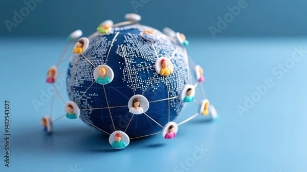 Fototapeta Remote Teamwork Collaboration Diversity. Global Map with Connected Faces in Chat Bubbles Representing Virtual Communication and Interaction in Modern Society