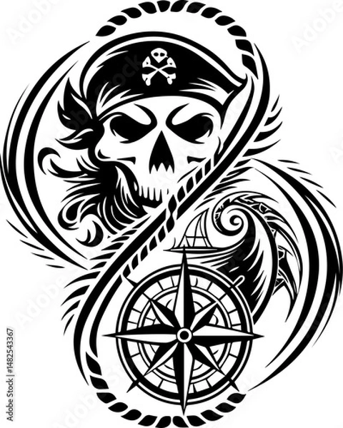 Fototapeta SVG depicting a skull in a dramatic battle pose amidst a stormy sea. Skull and Pirate Theme Design with Stormy Sea Elements