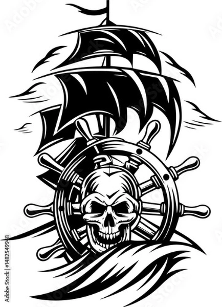 Fototapeta SVG vector of a skull and skeleton pirate aboard a ghost ship. Pirate Ship with Skull and Wheel in Dramatic Black and White Art